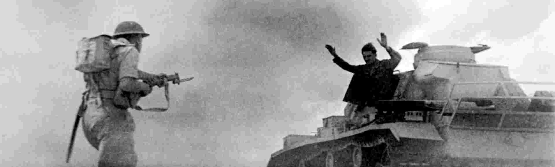A German tank surrenders to British troops during the Battle of El Alamein, 1942.