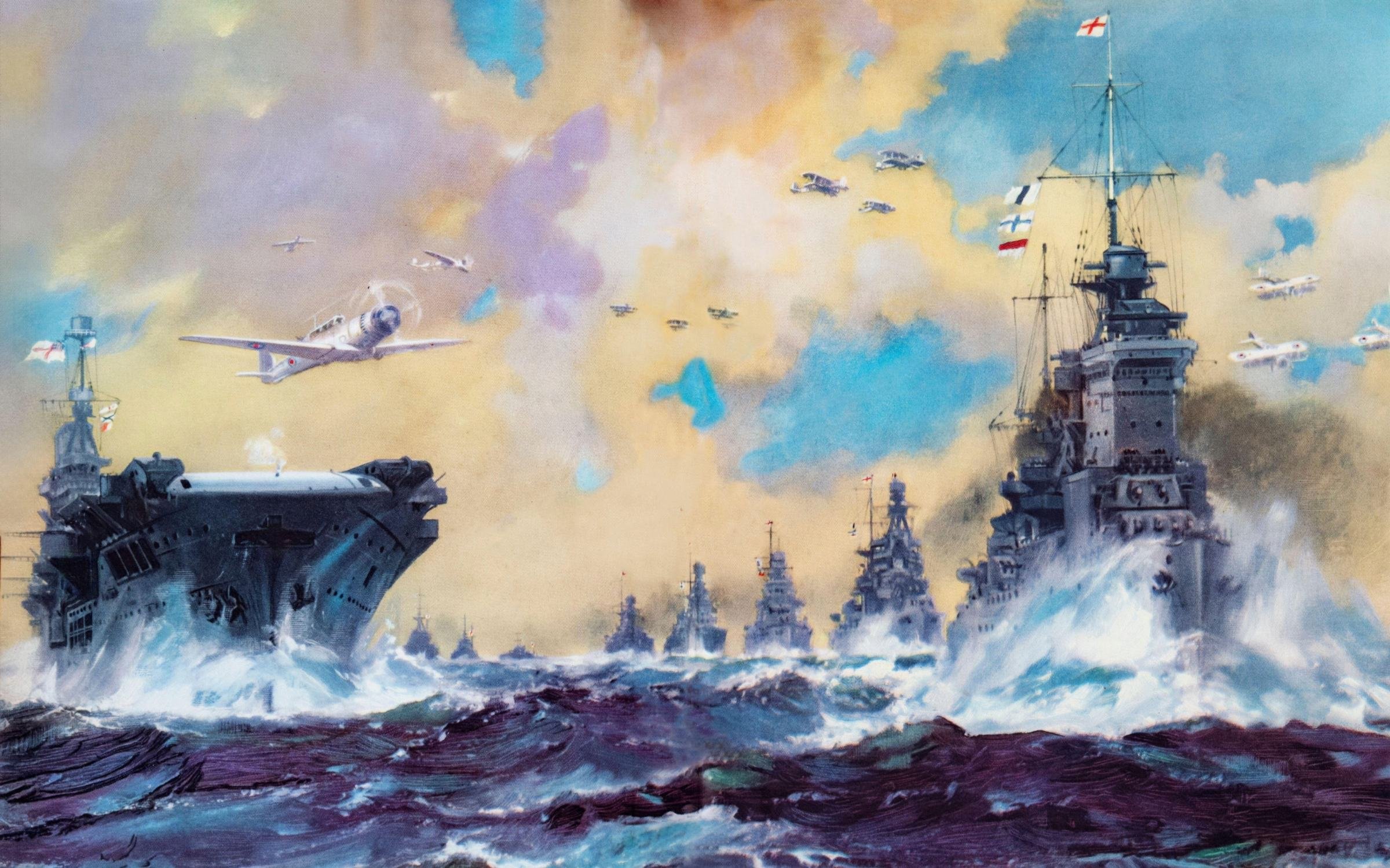 A painting by Frank H. Mason illustrating some of the Royal Navy Fleet in 1940.