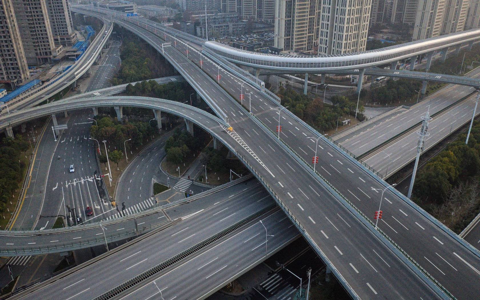 A deserted inner-city highway in Wuhan, China