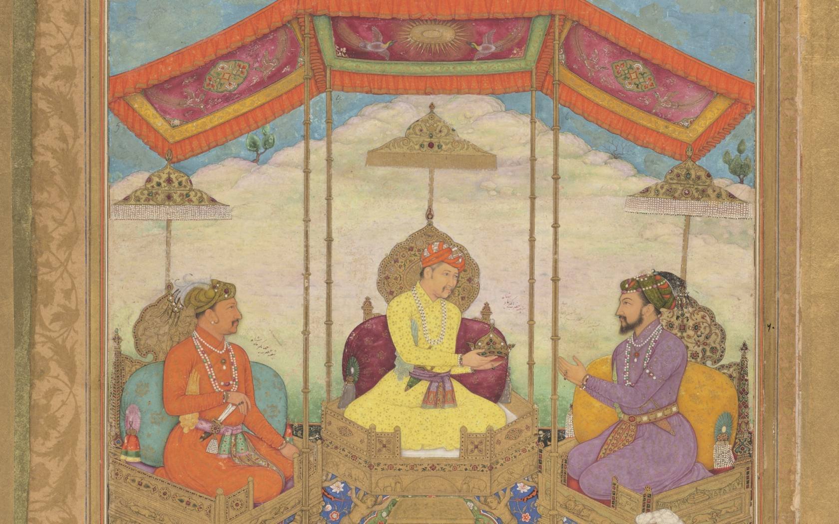 Akbar handing the imperial crown to Shah Jahan in the presence of Jahangir.