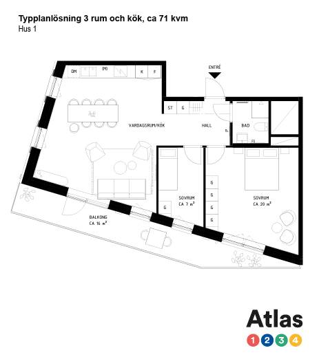 Typplanlösning Hus 1, 3 rum och kök