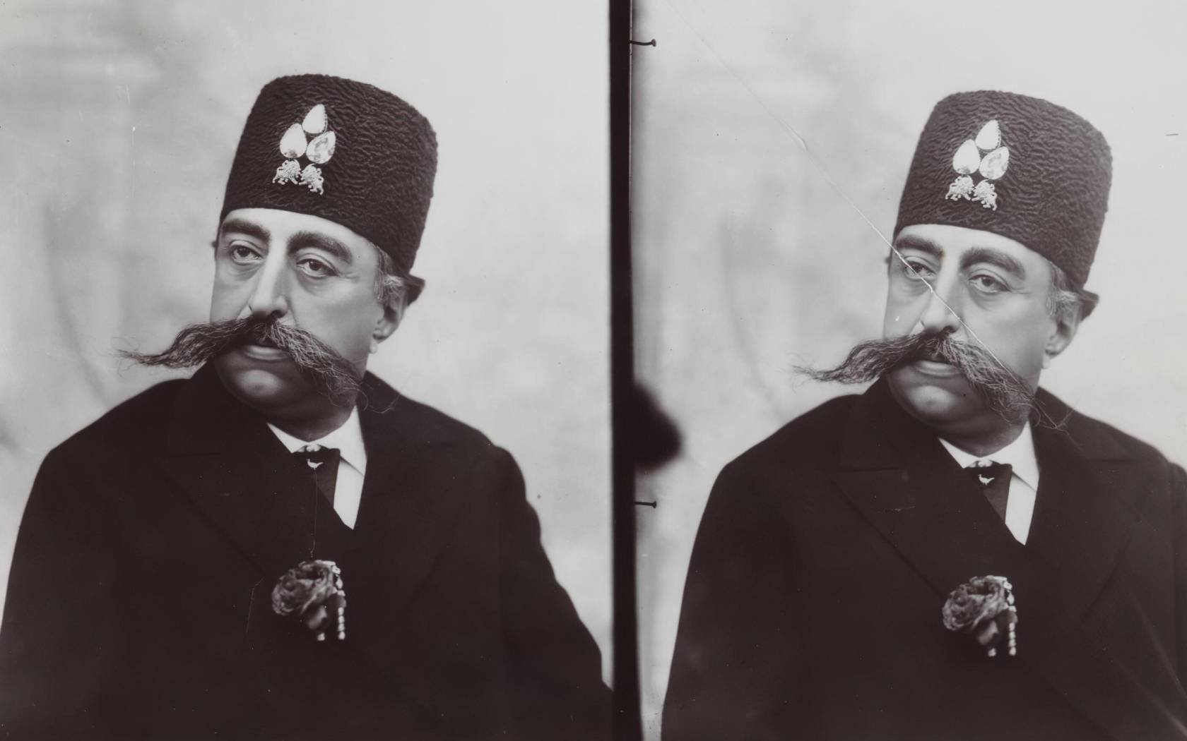 A double portrait of Mozaffar al-Din Shah, the fifth Qajar shah of Iran.
