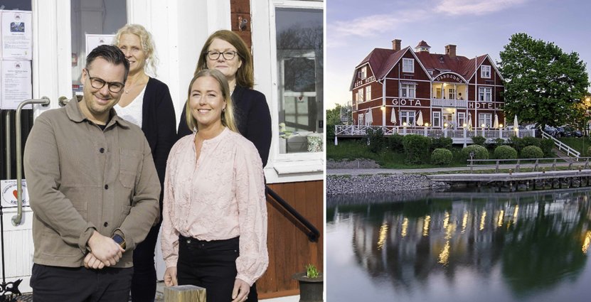 Göta Hotells nya ägare Daniel och Malin Ljungkvist framför de tidigare ägarna Anette Tilly och Lotta Karlsson. Foto: Carl Schnell
