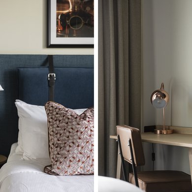 Detaljbilder på dekorkuddar, sänggavel och skrivbord