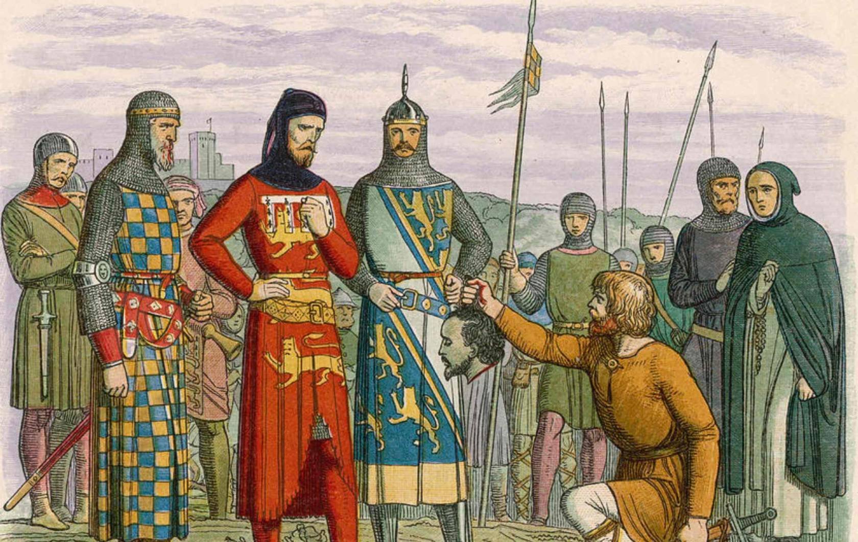 King Edward II is shown the severed head of Piers Gaveston in a 19th century illustration by James William Edmund Doyle.