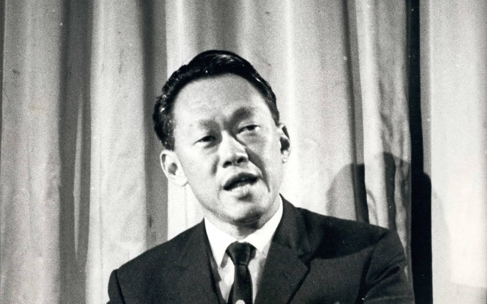 Lee Kuan Yew, the Prime Minister of Singapore, gives a press conference.