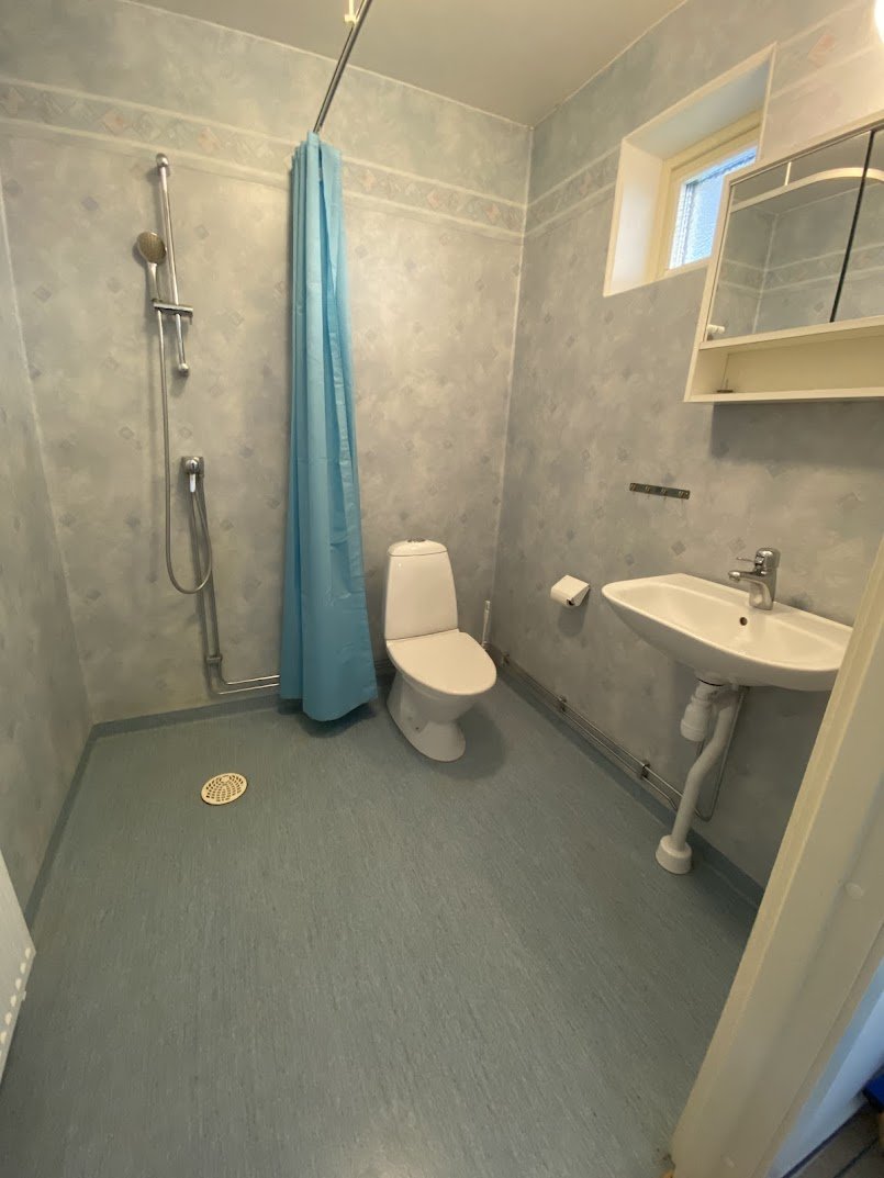 Bathroom with wc, sink and shower.