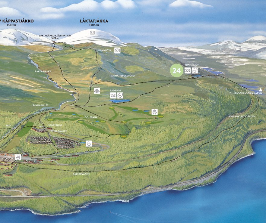 kratersj&ouml;n utmarkerad p&aring; en illustrerad karta &ouml;ver Bj&ouml;rkliden