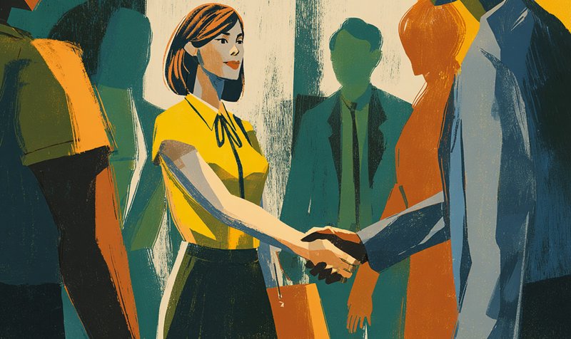 Illustration: kvinna p&aring; kontor skakar hand med kollegor.