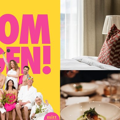 Dekorkudde, mat och Mittrevyns affisch från Nyårsrevyn Kom Igen