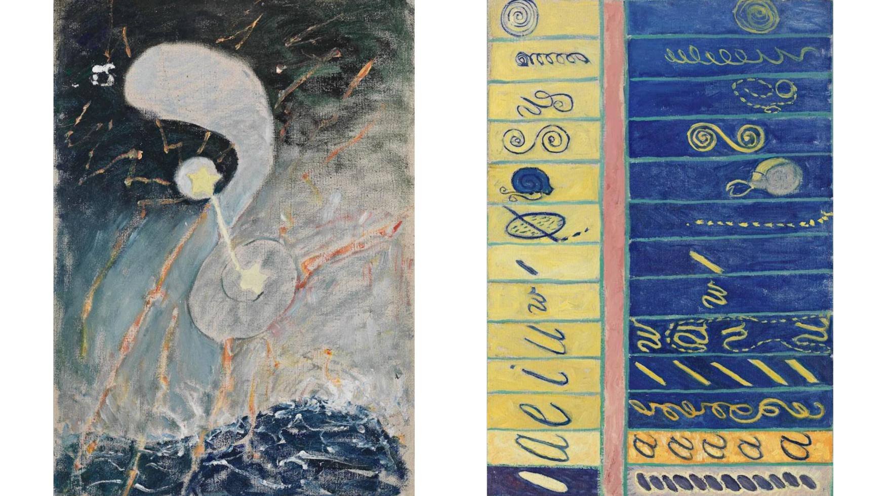 Primordial Chaos, No.2 1906-1907. Oil on canvas 53x36.5cm (left). Primordial Chaos, No.10 1906-1907 Oil on canvas. 51.5x37cm (right). Courtesy of The Hilma af Klint Foundation