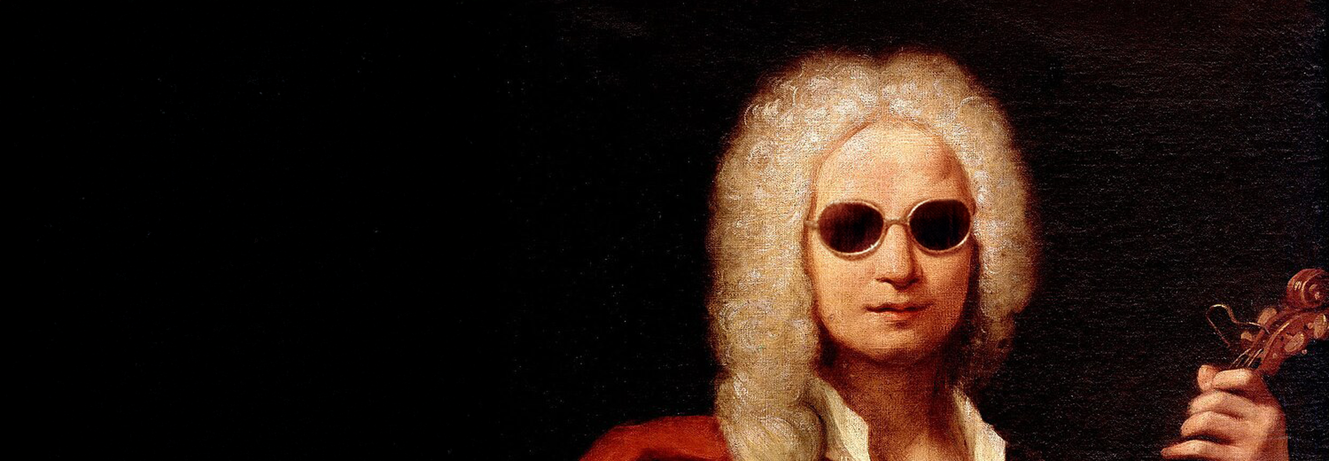 Äldre målning av kompositören Vivaldi med peruk hållande en fiol och med moderna svarta solglasögon