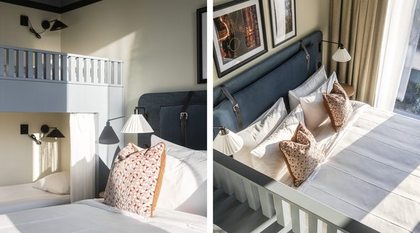 Överblick på ett familjerum med dubbelsäng och våningssäng