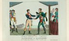 An engraving showing Napoleon I and Alexander I meeting on a raft on the Niemen River at Tilsit on 25 June 1807.