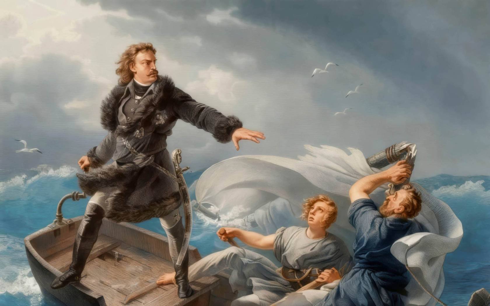A digitally colourised engraving based on 'Peter the Great in a Storm on Lake Ladoga' by Charles Auguste, Baron de Steuben.