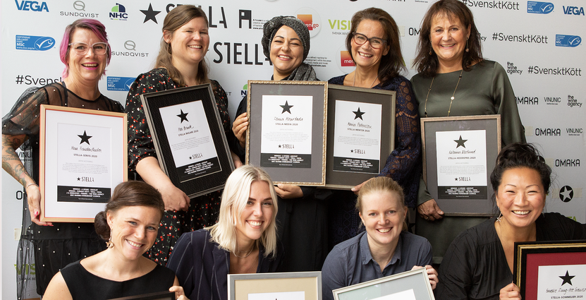 Vinnarna på Stellagalan 2020: Ilona Freudenthaler, Moa Brink, Zeina Mourtada, Maria Pettersson, Katarina Westlund, Elvira Lindqvist, Hanna Oscarsson, Frida Leijon och Emelie Zung Hee Svensson.  Foto: Linda Prieditis