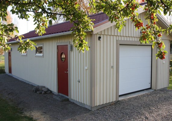 Tan and red custom door garage solution