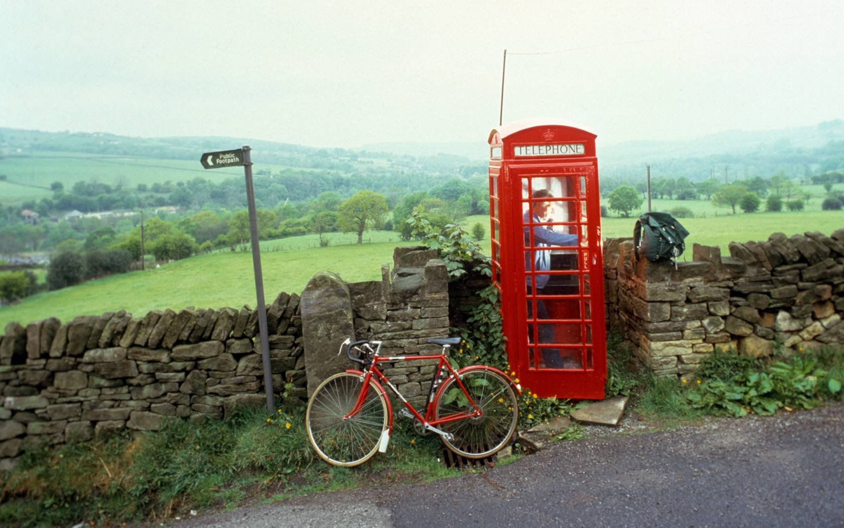 Red telephone box.