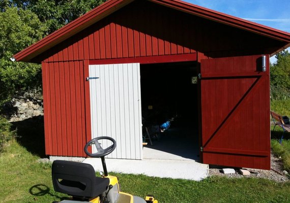 Classic red barn with white door