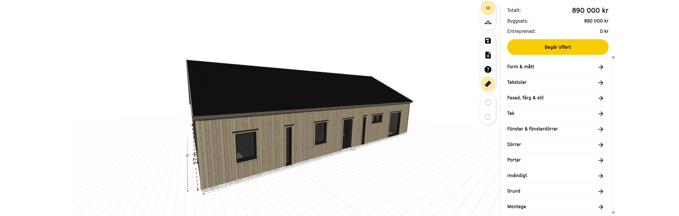 Screenshot från Lundqvist Trävarus 3D-konfigurator som visar en villa i Ladhusstil.