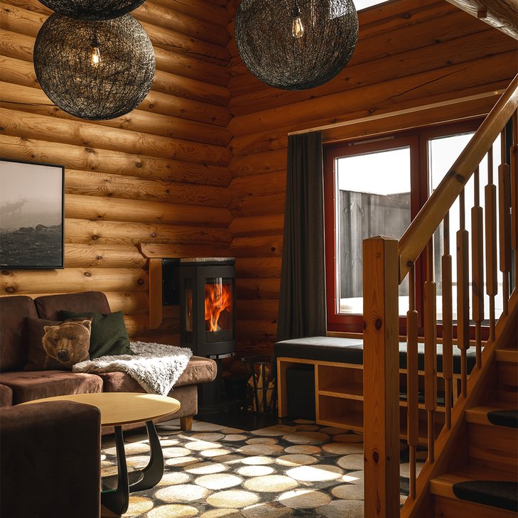 wood burning in the fireplace in the living room of Solhyllan