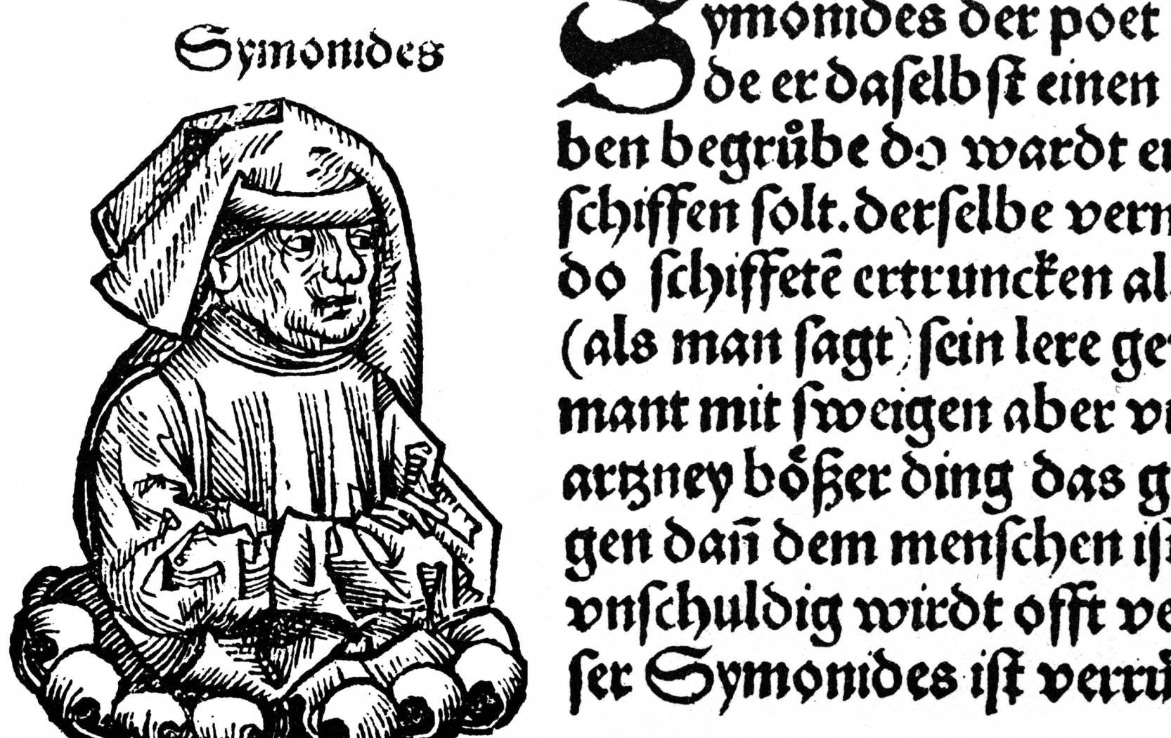 SIMONIDES (c556-c468 B.C.). /nGreek poet. Woodcut, German, 15th century.