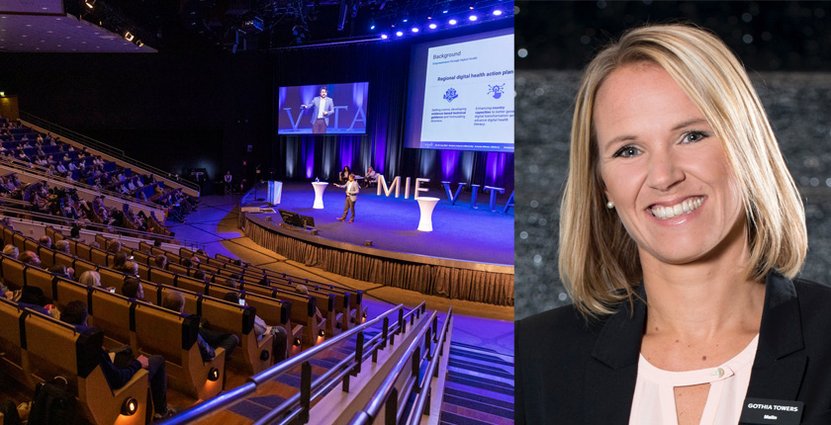 Till vänster kongressalen i Svenska Mässan. Till höger Malin Erlandsson, affärschef för möten och events. Foto: Anna Sigvardsson Högborg/ Svenska Mässan Gothia Towers