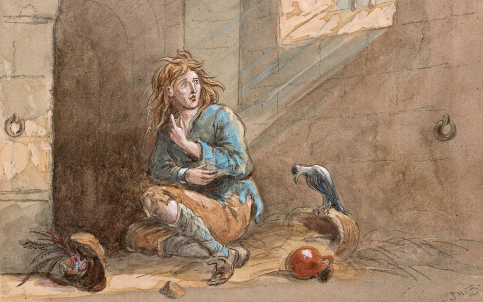 Barnaby Rudge and his pet raven Grip.