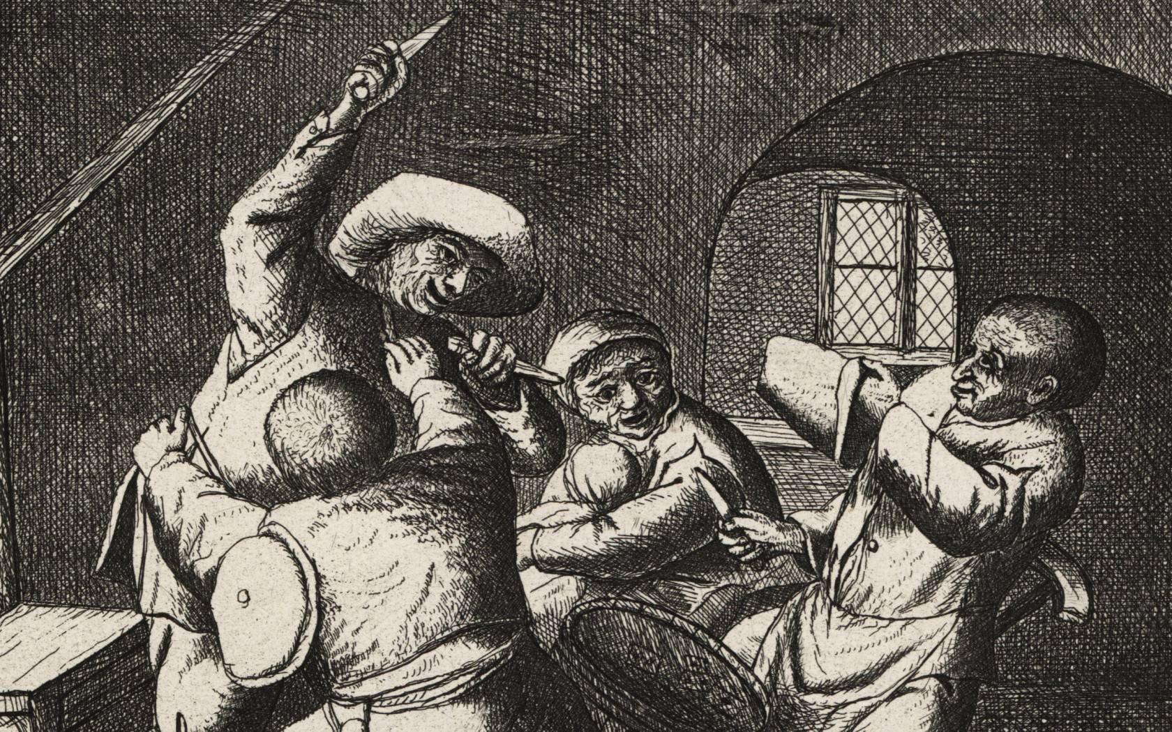 Seventeenth-century Dutch peasant with two daggers attacks another card player in a dark tavern wields a knife.