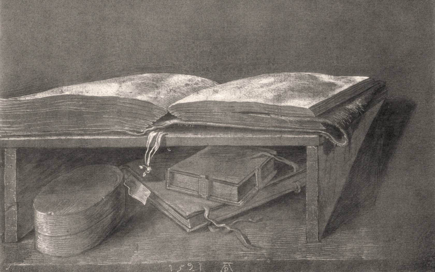 Albrecht Dürer depicts a lectern with books arranged on it.