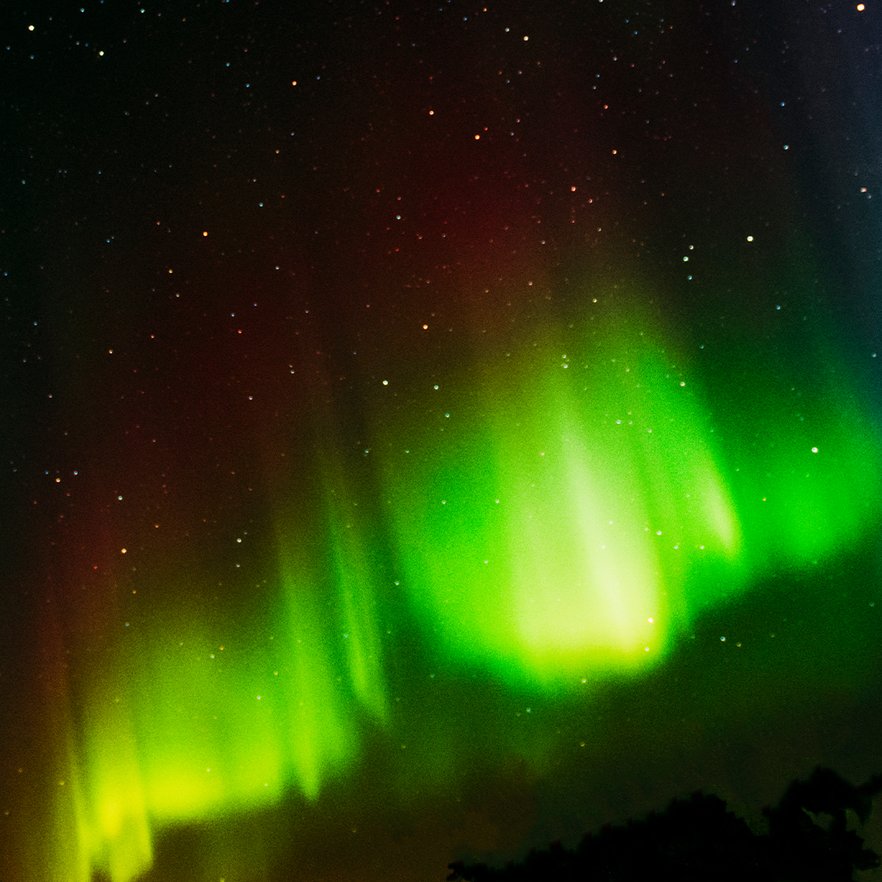 n&auml;rbild p&aring; norrsken med r&ouml;da strimmor mot en stj&auml;rnklar himmel