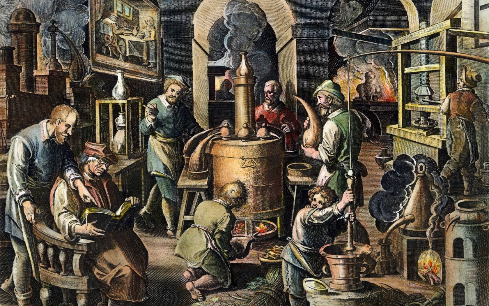 Engraving of an alchemist's laboratory by Joan Galle.