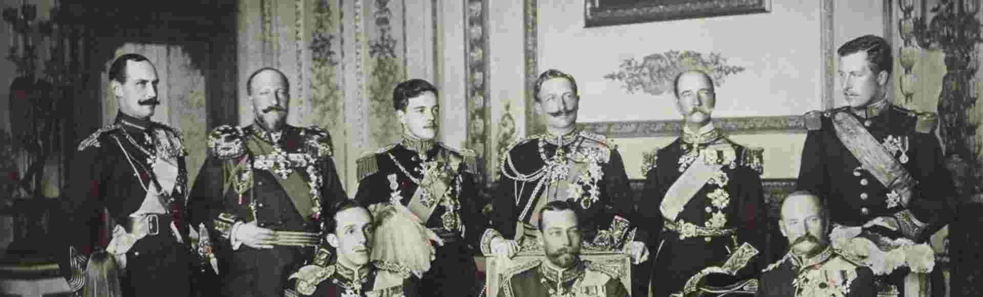 Nine kings gathered at Windsor Castle for the funeral of Edward VII in May 1910. From left to right standing: King Haakon VII of Norway, Tsar Ferdinand of the Bulgarians, King Manuel II of Portugal and the Algarve, Kaiser Wilhelm II of Germany and Prussia, King George I of the Hellenes, King Albert I of the Belgians. Seated from the left: King Alfonso XII of Spain, King George V of the United Kingdom, King Frederick VIII of Denmark.