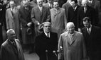 Prime Minister Sir Anthony Eden at Victoria Station in London to meet Marshal Nikolai Bulganin (left), chairman of the Council of Ministers of the USSR, and Nikita Krushchev, First Secretary of the Soviet Communist Party.