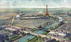 Contemporary lithograph colour print showing an aerial view of the Paris Exposition universelle in 1900.