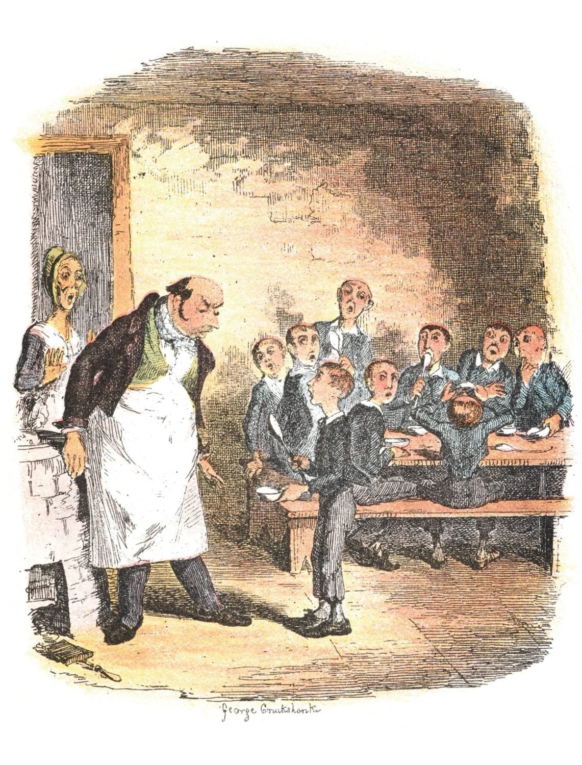 Oliver asking for more, drawn by George Cruikshank