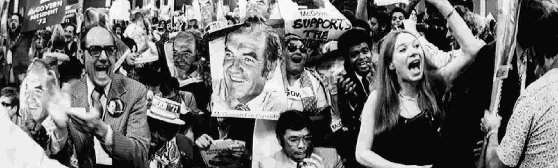 A crowd cheers at the nomination of US Senator George McGovern for US President at the Democratic National Convention.
