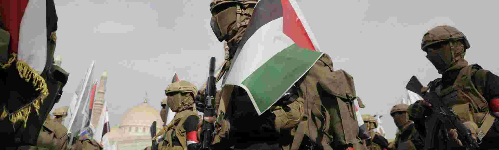 Houthi soldiers take part in an anti-US and anti-Israel protest in Sanaa, Yemen, May 2025.