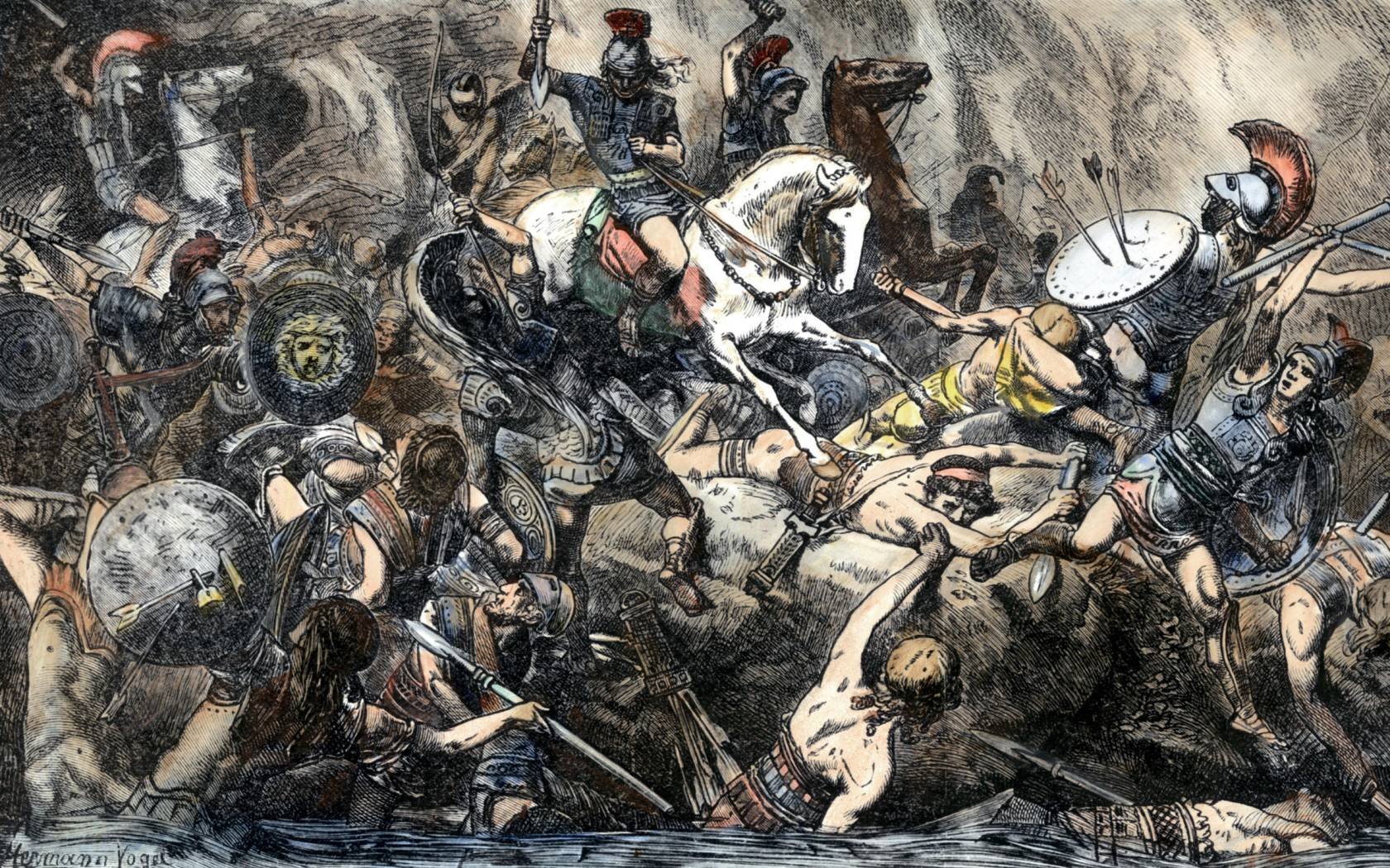 A wood engraving of the destruction of the Athenian Army in Sicily during the Peloponnesian War, 413 BC. Credit: The Granger Collection / Alamy Stock Photo.