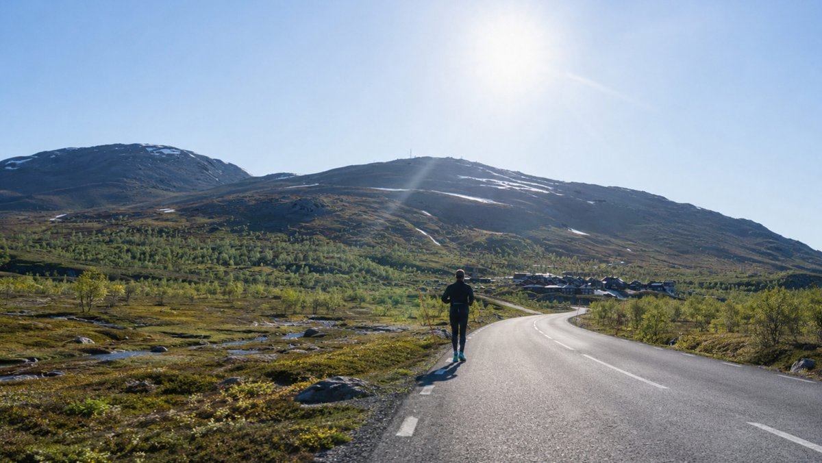 en löpare på vägen mot Katterjåkk vid Riksgränsen