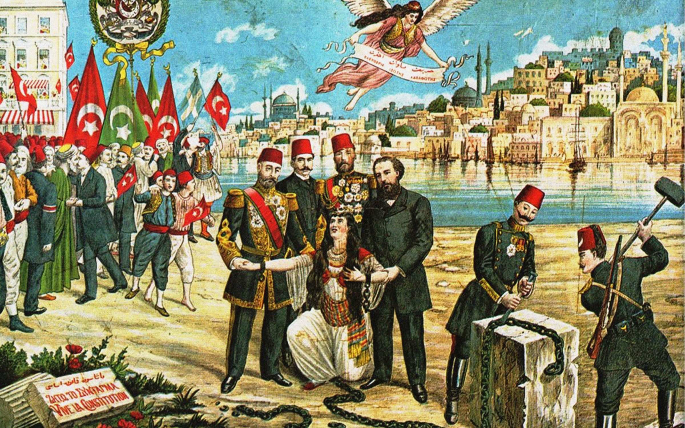 A Greek lithograph depicting the Young Turk Revolution of 1908.