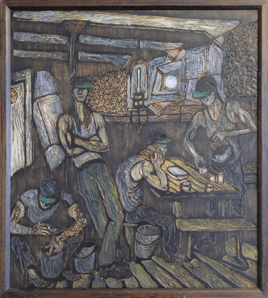 Torsten Billman, sjöfolkets store konstnär och skildrare. Konstverk, grafik, träsnitt. Sjömän ombord i mässen.