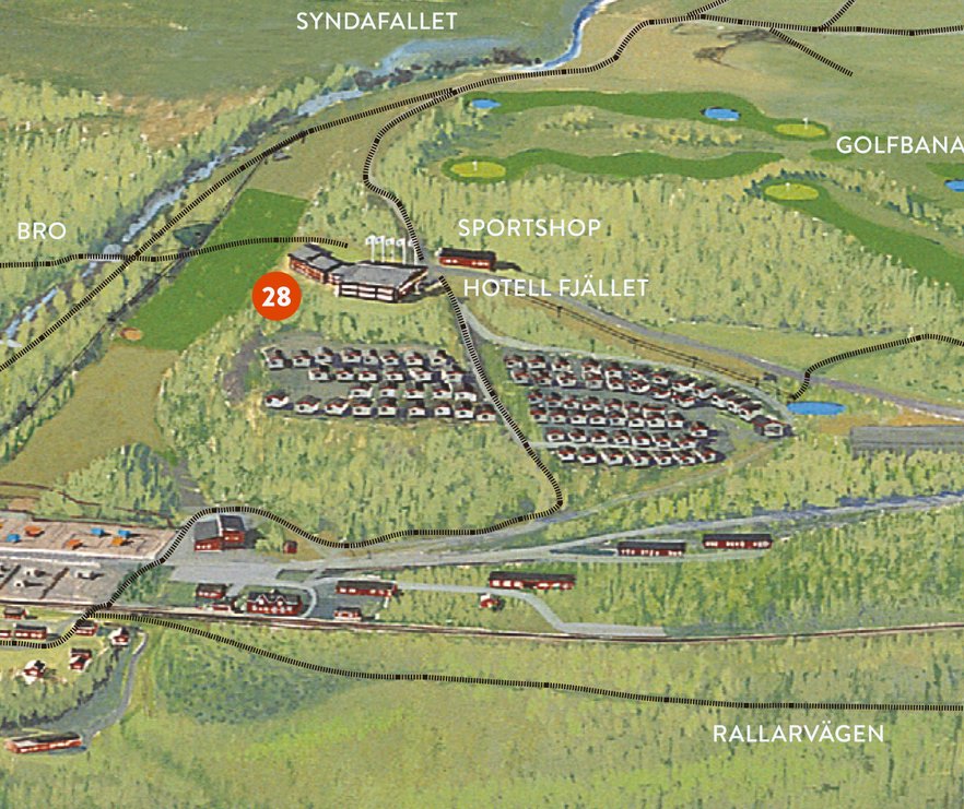 utsiktsplatsen fr&aring;n baksidan av hotellet utmarkerad p&aring; en illustrerad karta &ouml;ver Bj&ouml;rkliden