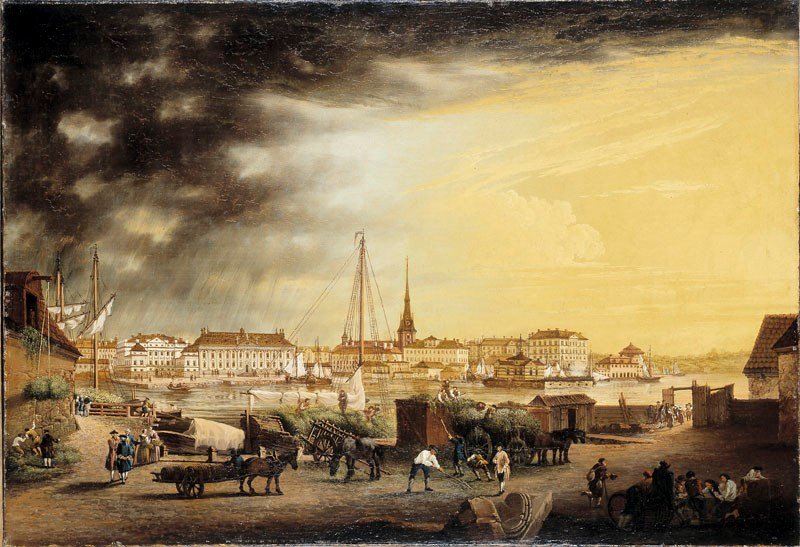 tsikt från Röda bodarna Rådhuset (Bondeska palatset), Riddarhuset och Riddarholmen. Olja på duk. Konstnär: Johan Svedenbom, 1768. 