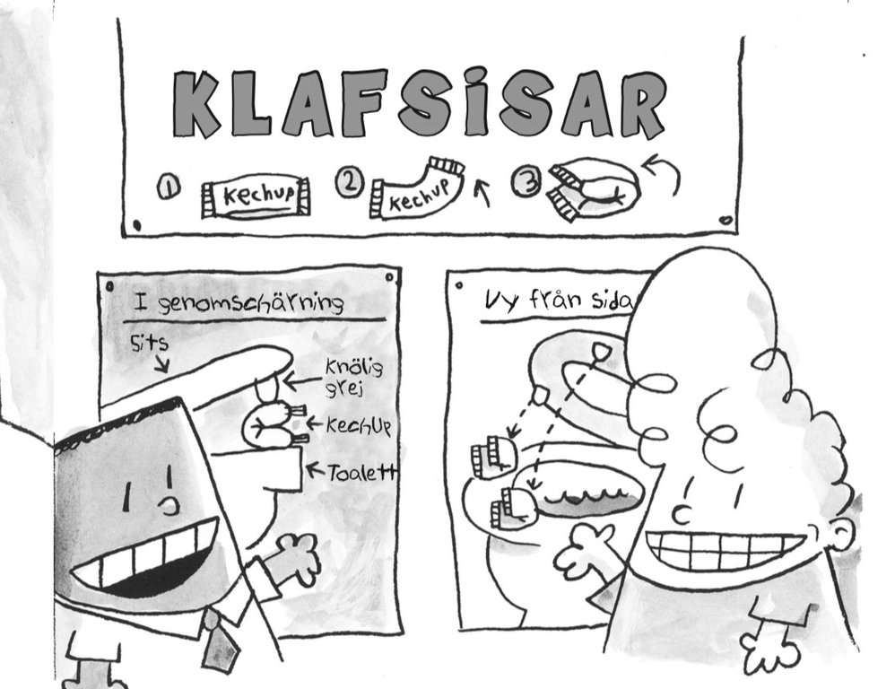 Illustration ur Kapten Kalsong och den stora, stygga striden mot Robotsnorgubben, del 1 av Dav Pilkey.