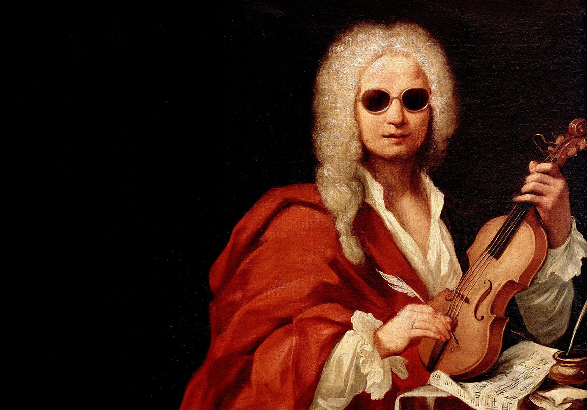 Äldre målning av kompositören Vivaldi med peruk hållande en fiol och med moderna svarta solglasögon