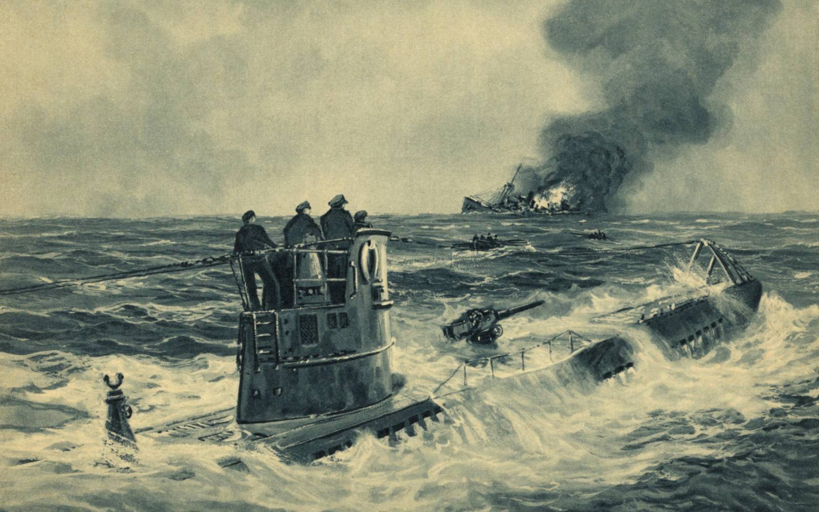 German sailors standing on the conning tower of a U-boat.