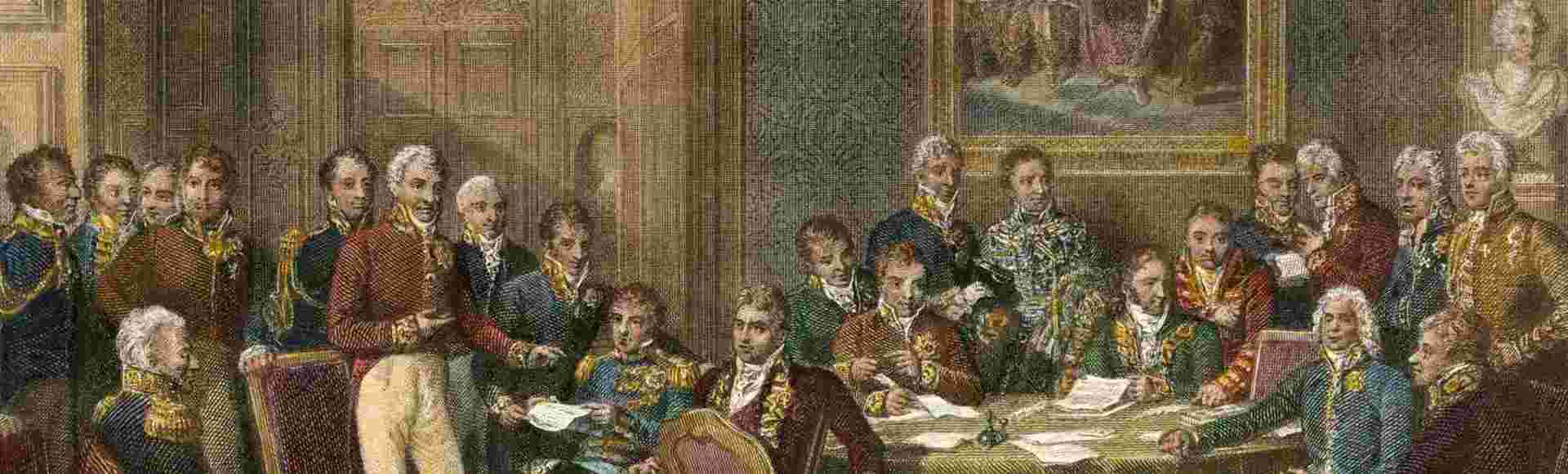 An engraving showing European statesmen assembled at the 1815 Congress of Vienna, based on a painting by Jean-Baptiste Isabey.