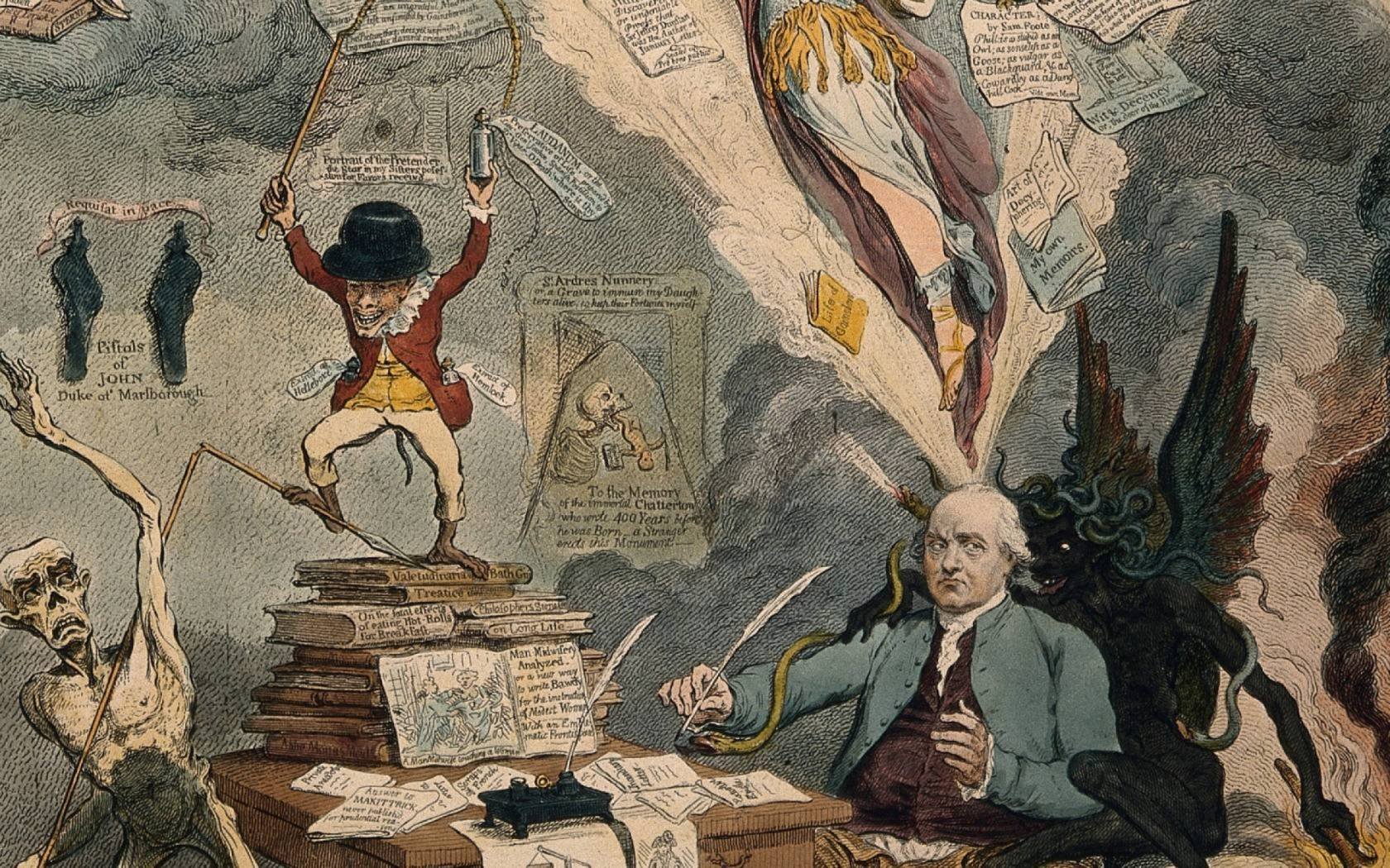 Philip Thicknesse writing at a table, surrounded by demonic apparitions representing aspects of his life. Aquatint by J. Gillray after himself, 1790.