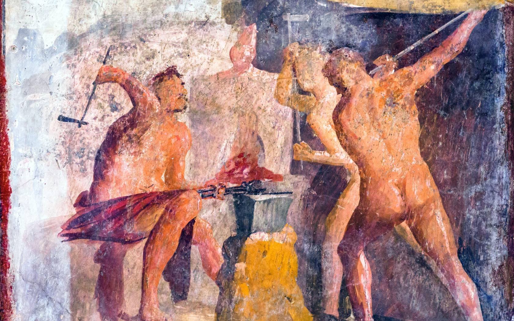 A fresco in Pompeii of Hephaestus' workshop.